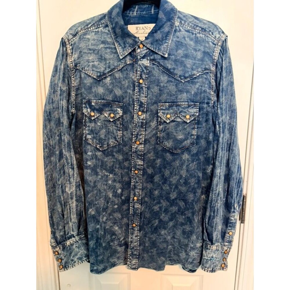 Ryan Michael 100% Cotton Western Shirt – Size M – Snap Buttons – Distressed Blue